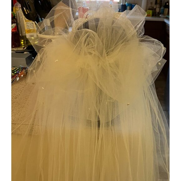 Vintage 1990s Beaded Bridal Headband Veil Cream Tulle Two Tier Mid Length - Picture 16 of 16